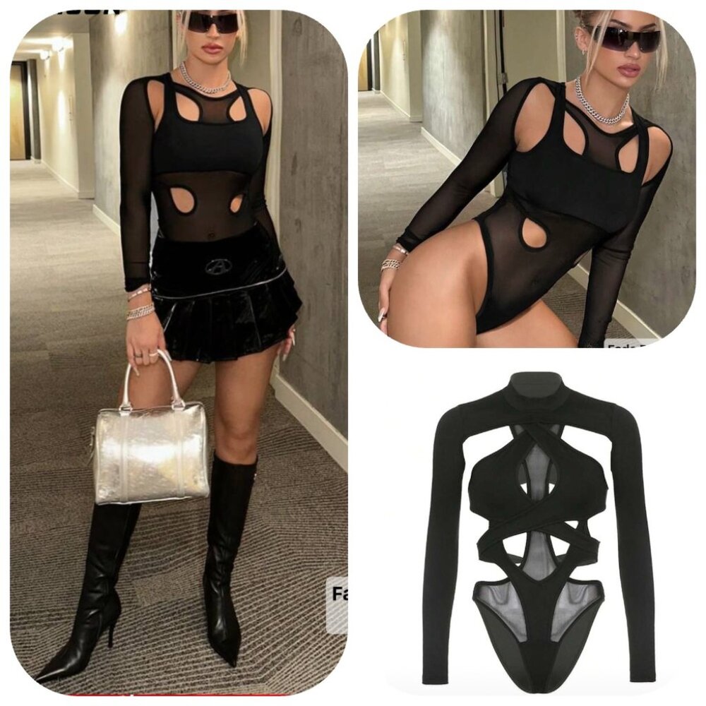 NWT Long Sleeve High Neck Sheer Mesh Cutout Bodysuit S